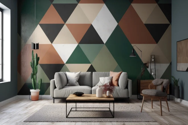 A living room with a feature wall with geometric shapes