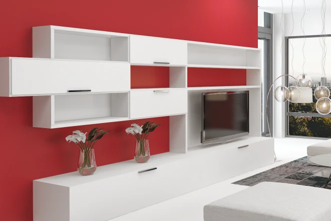 A-living-room-with-a-red-feature-wall