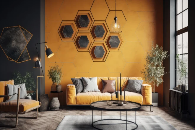 A yellow accent wall in a living room