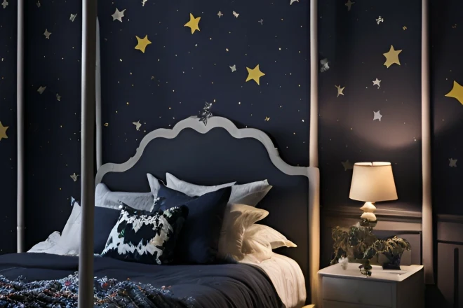 Bedroom with stars painted on wall