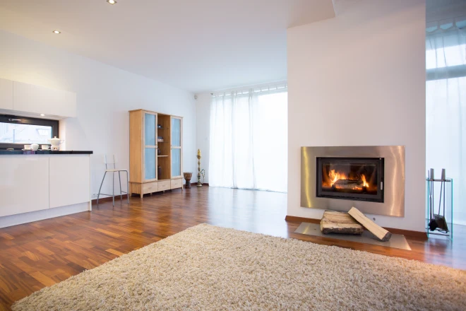 Burning fireplace in living room