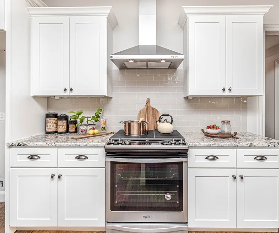 White cabinets and drawers in a new kitchen