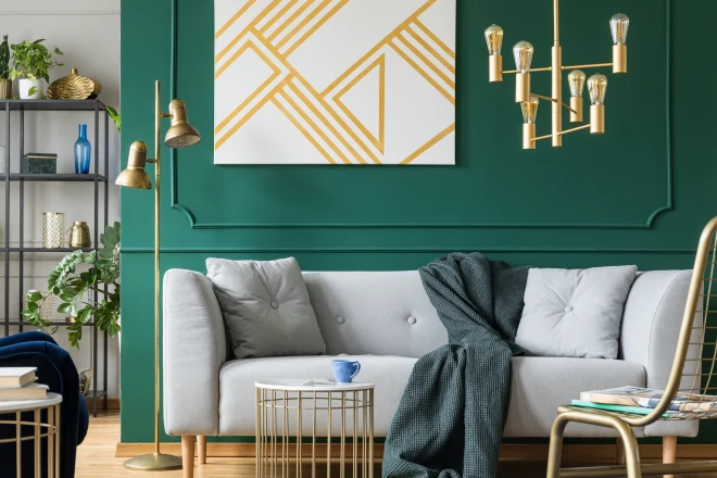 Golden, green and grey accents in contemporary living room interior