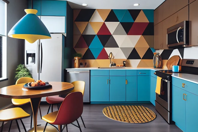 Kitchen in vintage style. Geometric patterns create stunning accent walls with familiar and simple shapes.