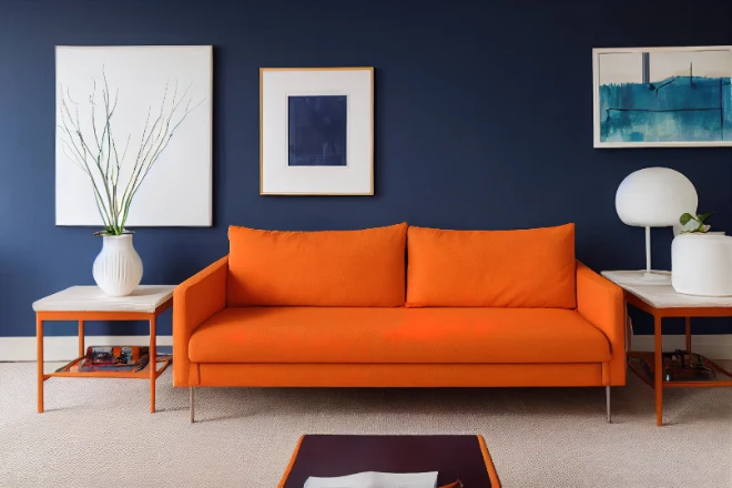 Orange couch in dark blue room