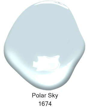A paint swatch of light blue labeled Polar Sky 1674—a perfect choice for interior painting projects in Southeast Michigan homes. Tribble Painting recommends this serene shade for living spaces from Ann Arbor to Ypsilanti and Novi, adding a fresh, inviting touch to any room. by Tribble Painting