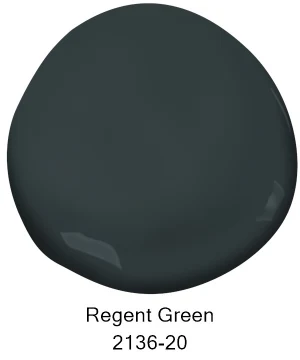 A paint swatch showcasing Regent Green, color code 2136-20, features a rich, dark green shade with a glossy finish—making it an excellent choice for interior spaces. Tribble Painting’s skilled residential painters in Southeast Michigan communities like Ann Arbor, Ypsilanti, and Novi can expertly apply this sophisticated hue to bring refined style and depth to any home. by Tribble Painting