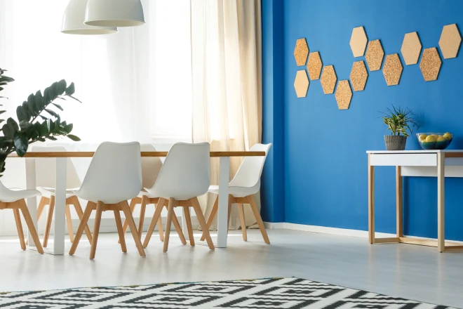 Room with blue accent wall.