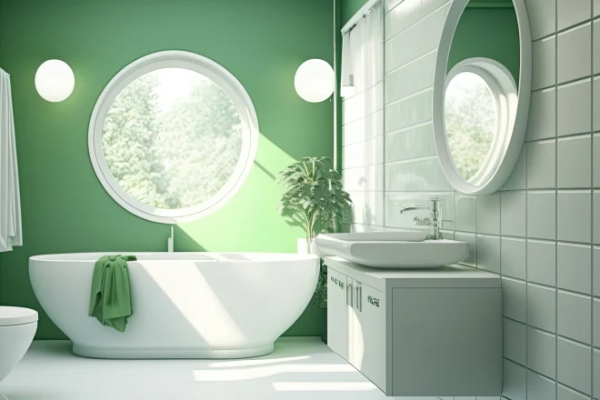 white tiled bathroom with a green accent wall