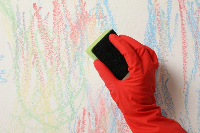 Woman erasing child's drawing from white wall, closeup